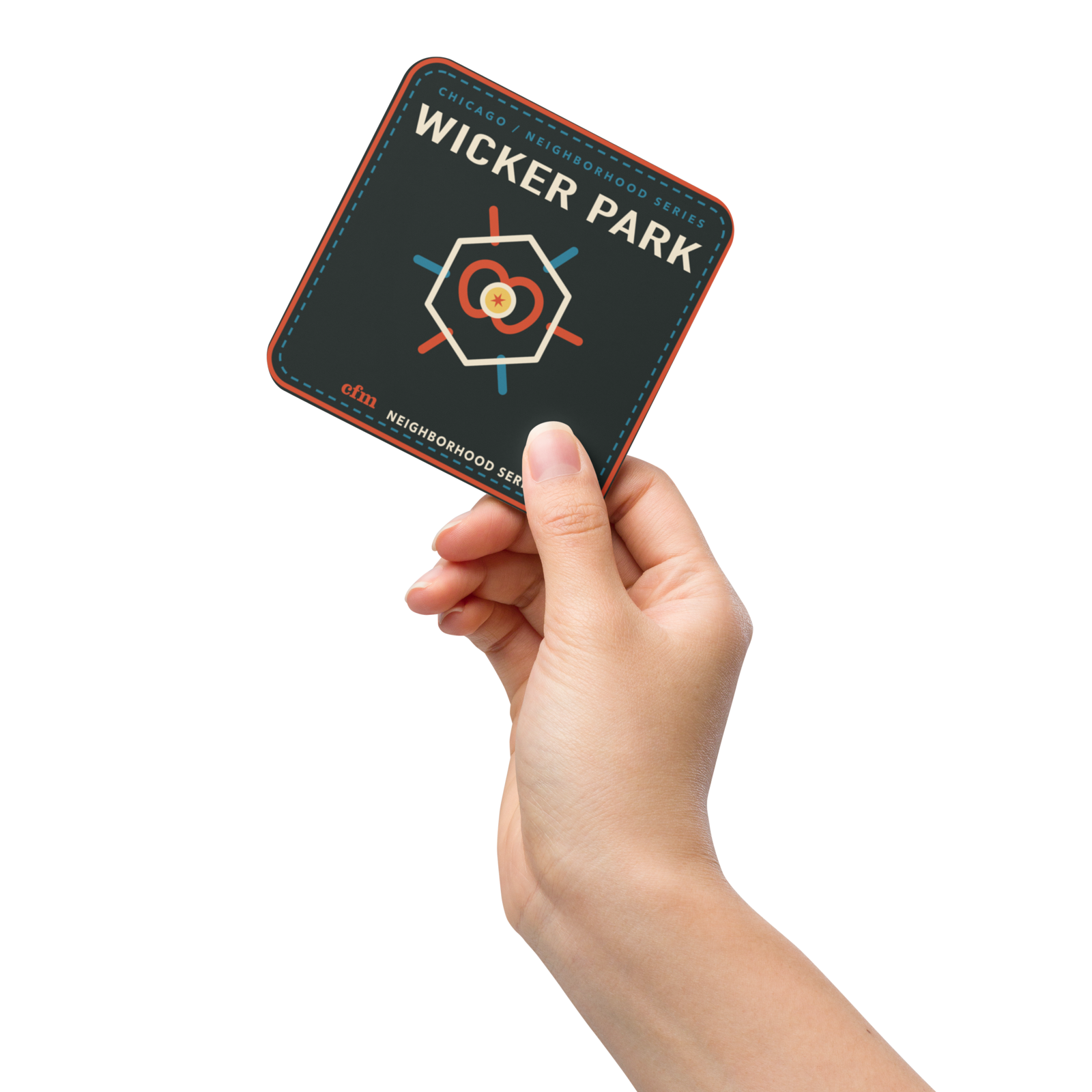 Wicker Park cork-back coaster in Natural Cork, product view - Chicago Neighborhood Series