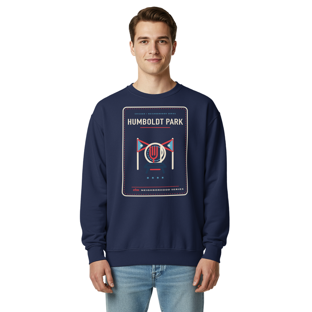 Humboldt Park garment-dyed crewneck in True Navy, front view - Chicago Neighborhood Series