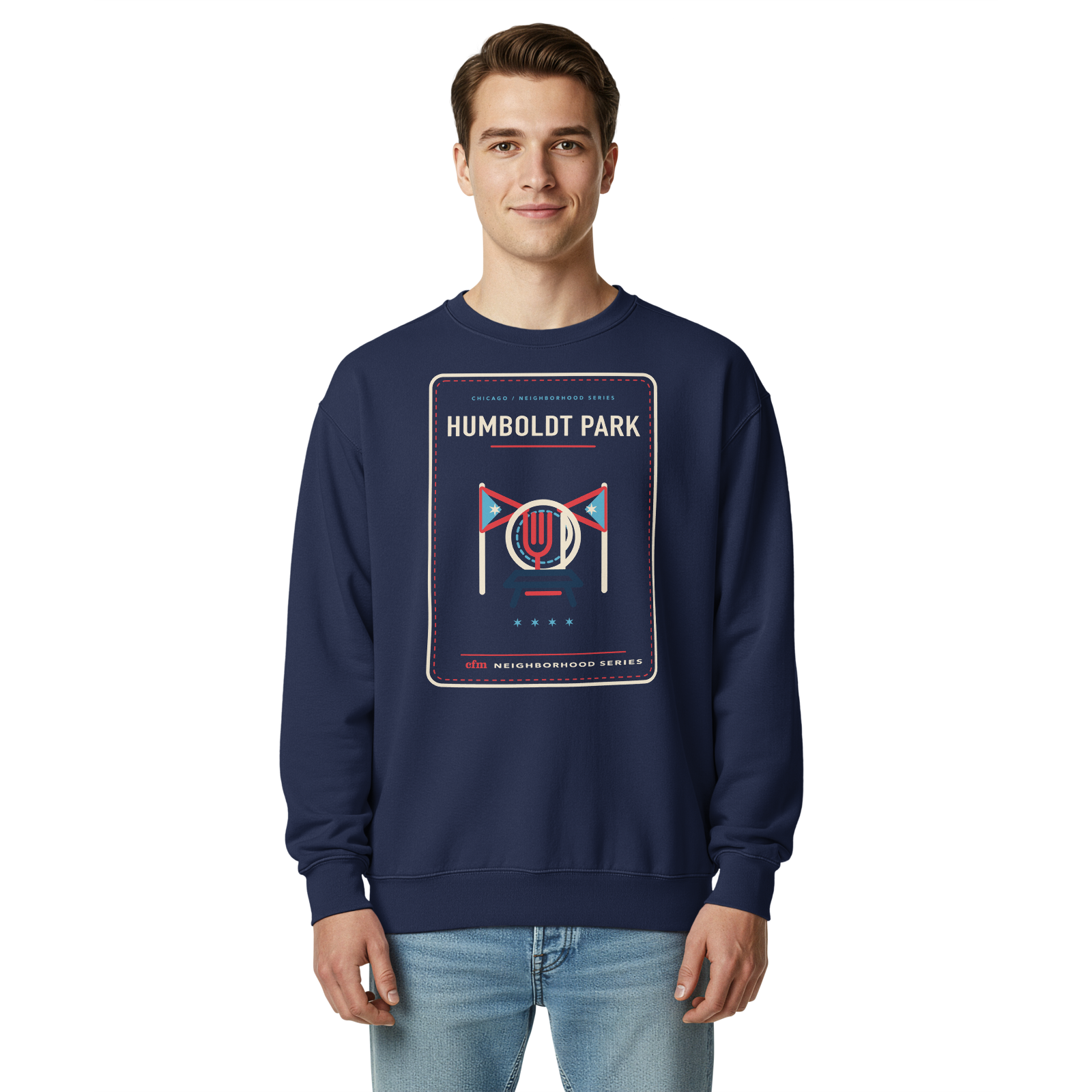 Humboldt Park garment-dyed crewneck in True Navy, front view - Chicago Neighborhood Series