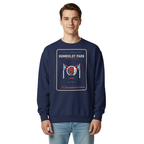 Humboldt Park garment-dyed crewneck in True Navy, front view - Chicago Neighborhood Series