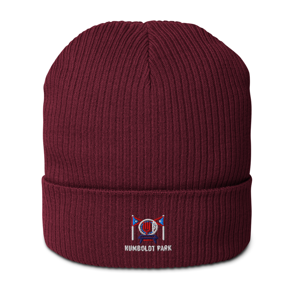 Humboldt Park organic ribbed beanie in Burgundy, front view - Chicago Neighborhood Series