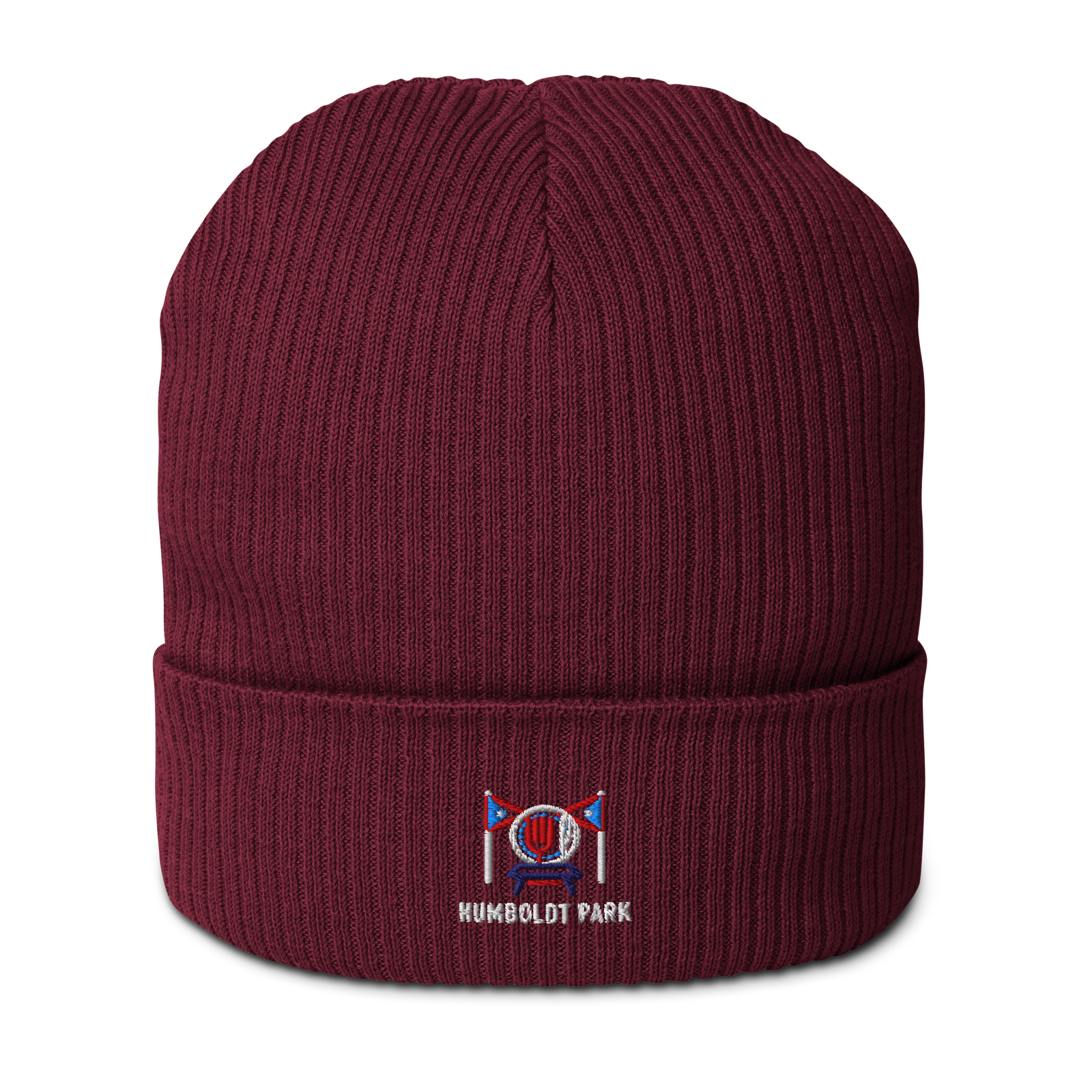 Humboldt Park organic ribbed beanie in Burgundy, front view - Chicago Neighborhood Series