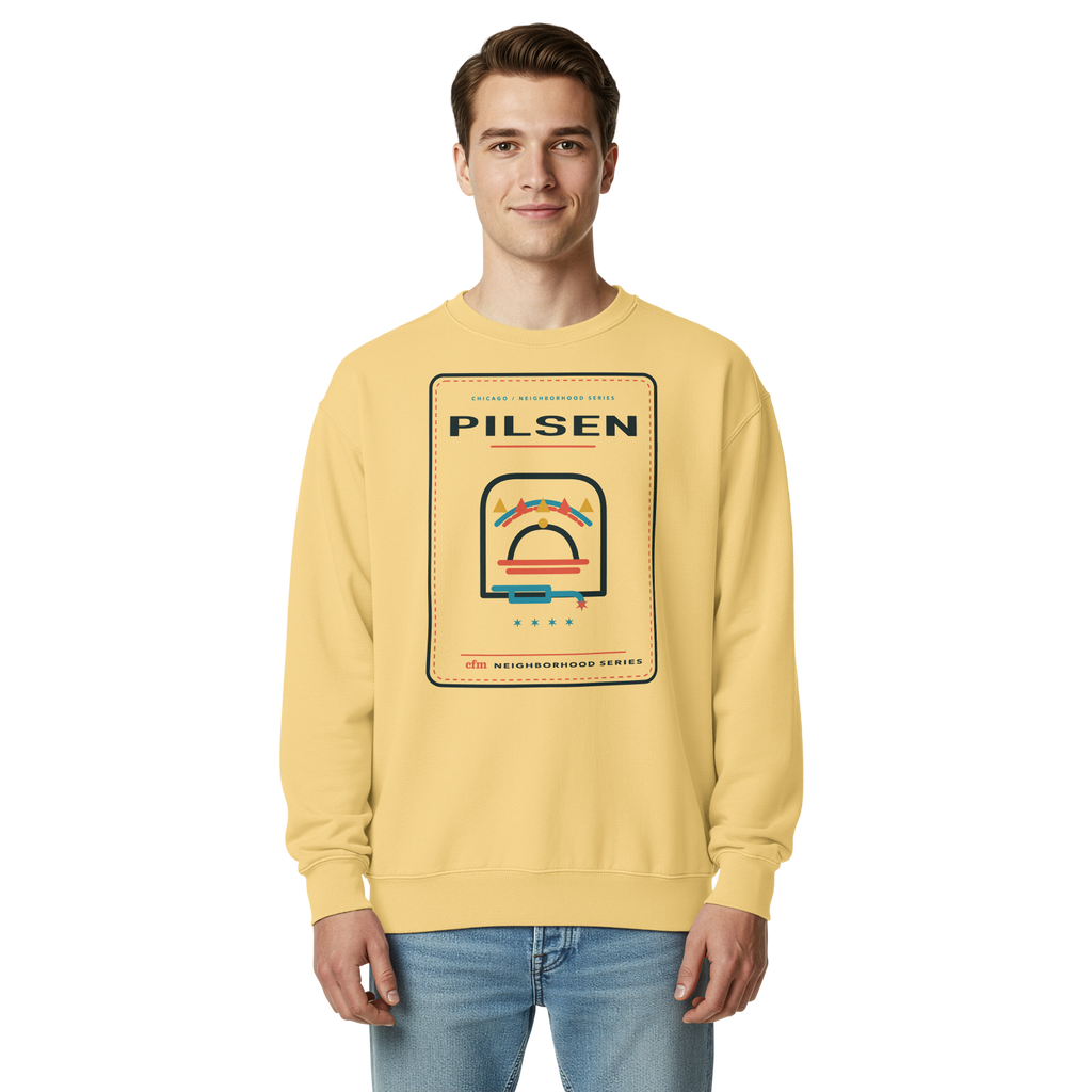 Pilsen garment-dyed crewneck in Butter, front view - Chicago Neighborhood Series