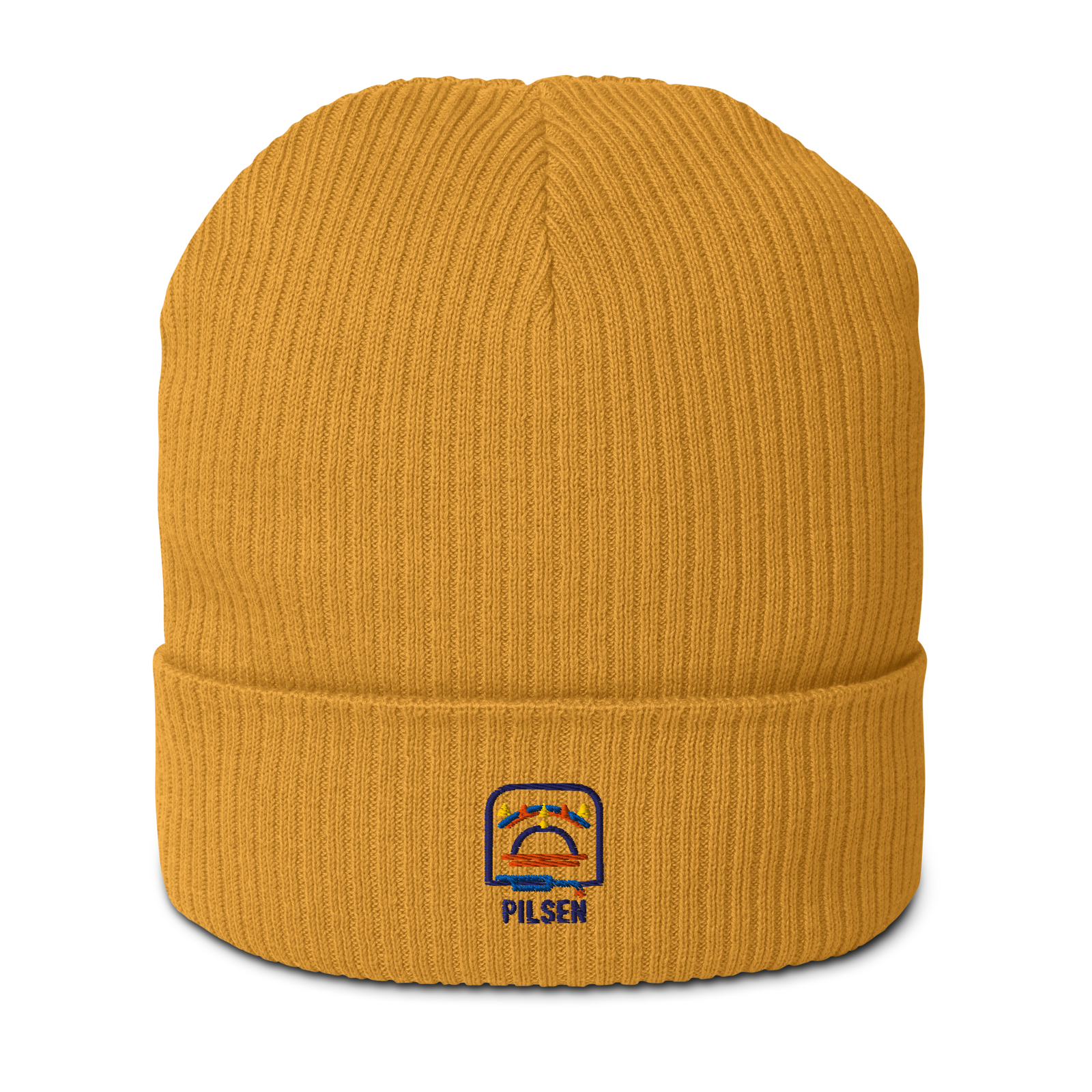 Pilsen organic ribbed beanie in Mustard Yellow, front view - Chicago Neighborhood Series