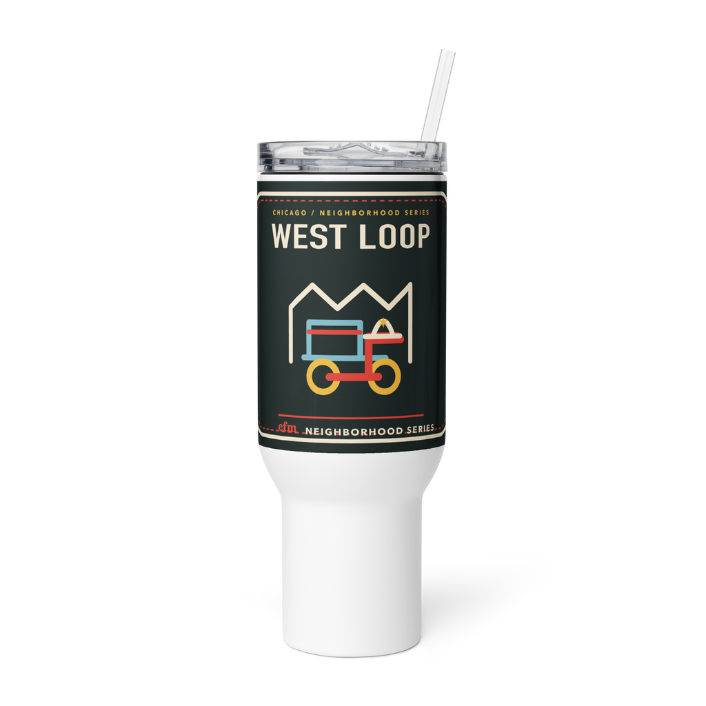 West Loop 40 oz travel mug in White, product view - Chicago Neighborhood Series