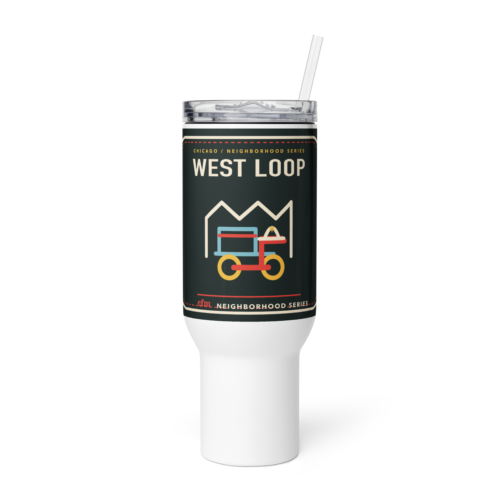 West Loop 40 oz travel mug in White, product view - Chicago Neighborhood Series