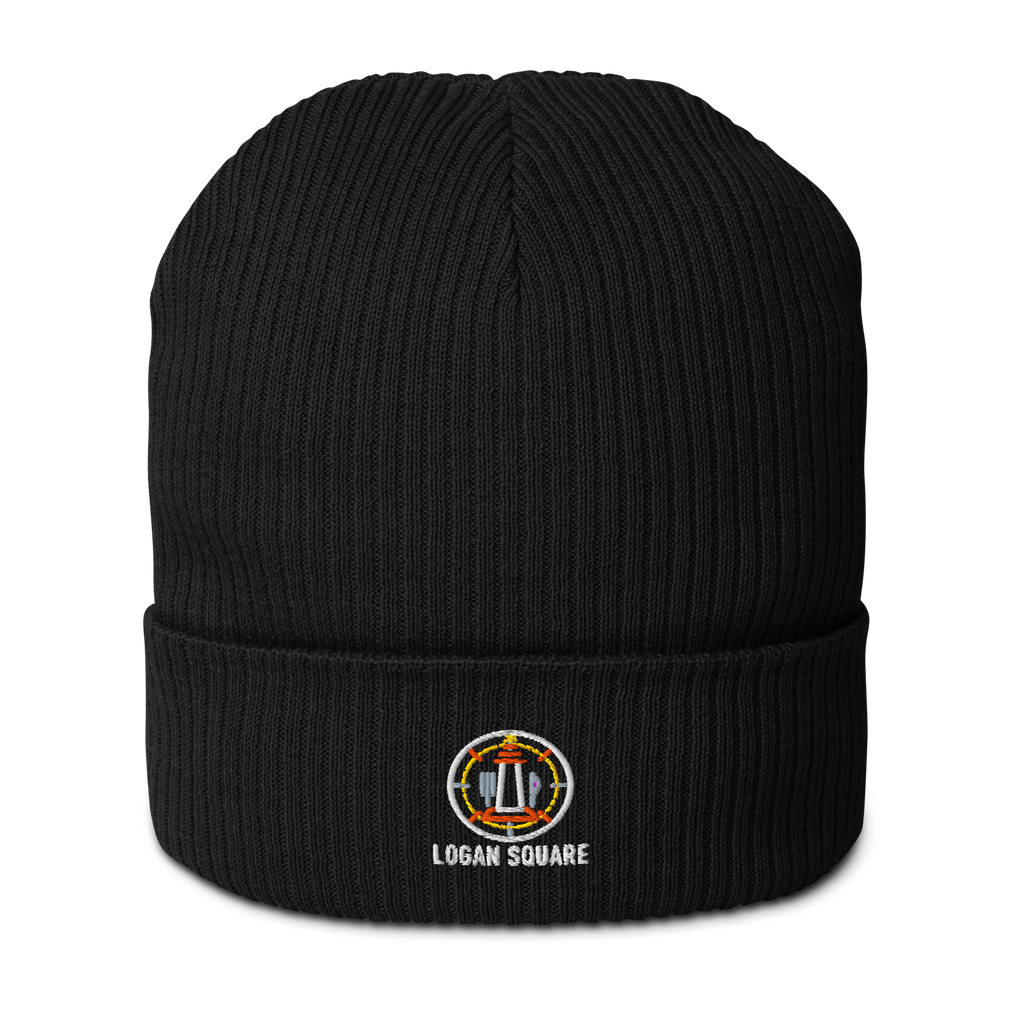 Logan Square organic ribbed beanie in Black, front view - Chicago Neighborhood Series