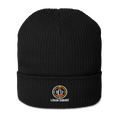 Logan Square organic ribbed beanie in Black, front view - Chicago Neighborhood Series