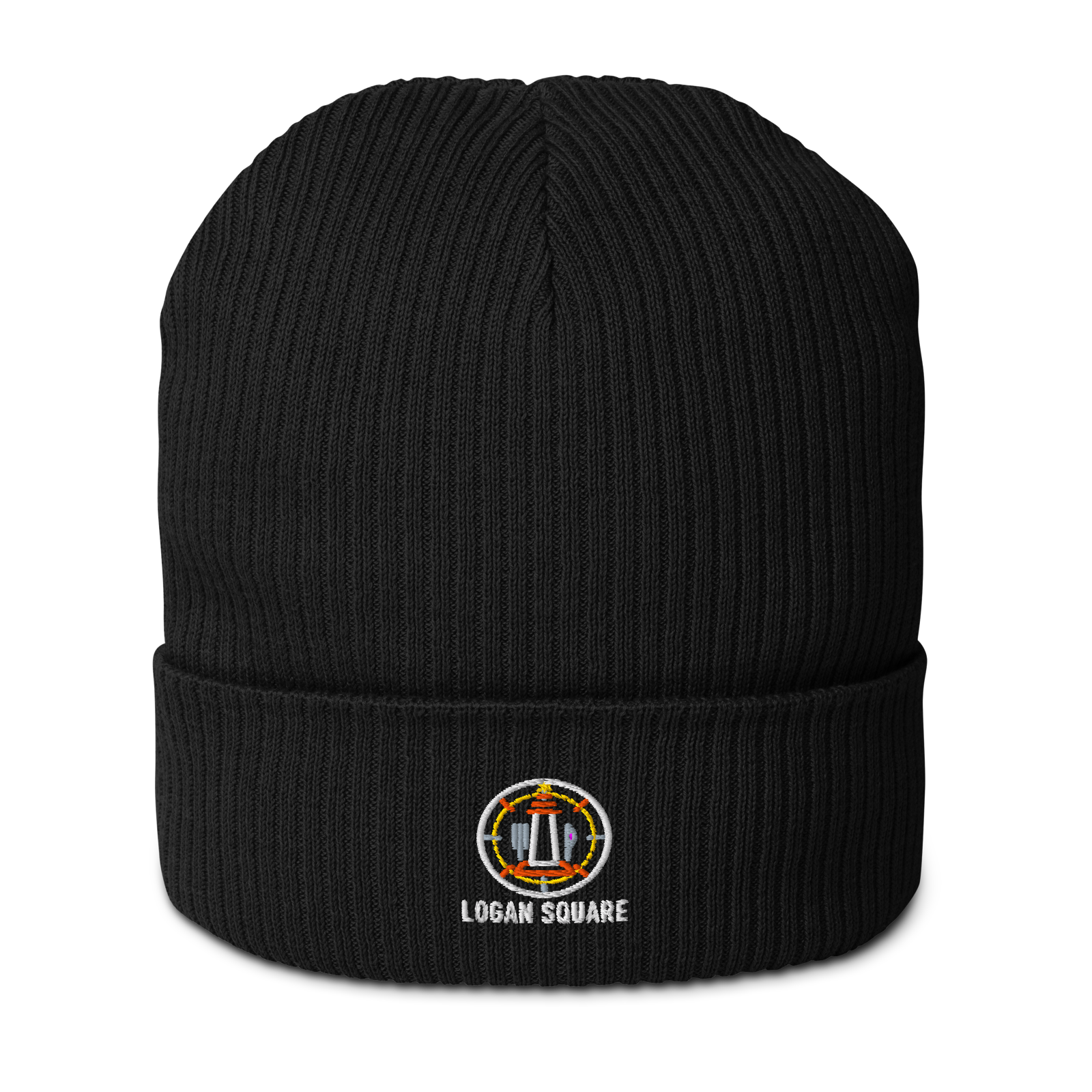 Logan Square organic ribbed beanie in Black, front view - Chicago Neighborhood Series