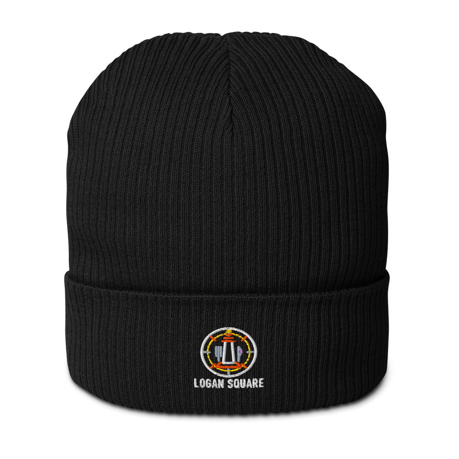 Logan Square organic ribbed beanie in Black, front view - Chicago Neighborhood Series