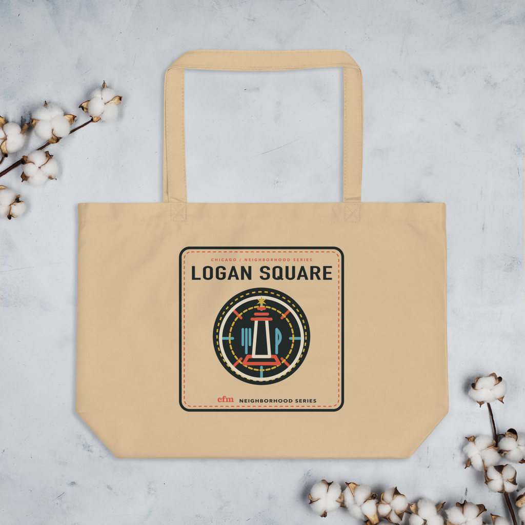 Logan Square large organic market tote in Oyster, front view - Chicago Neighborhood Series