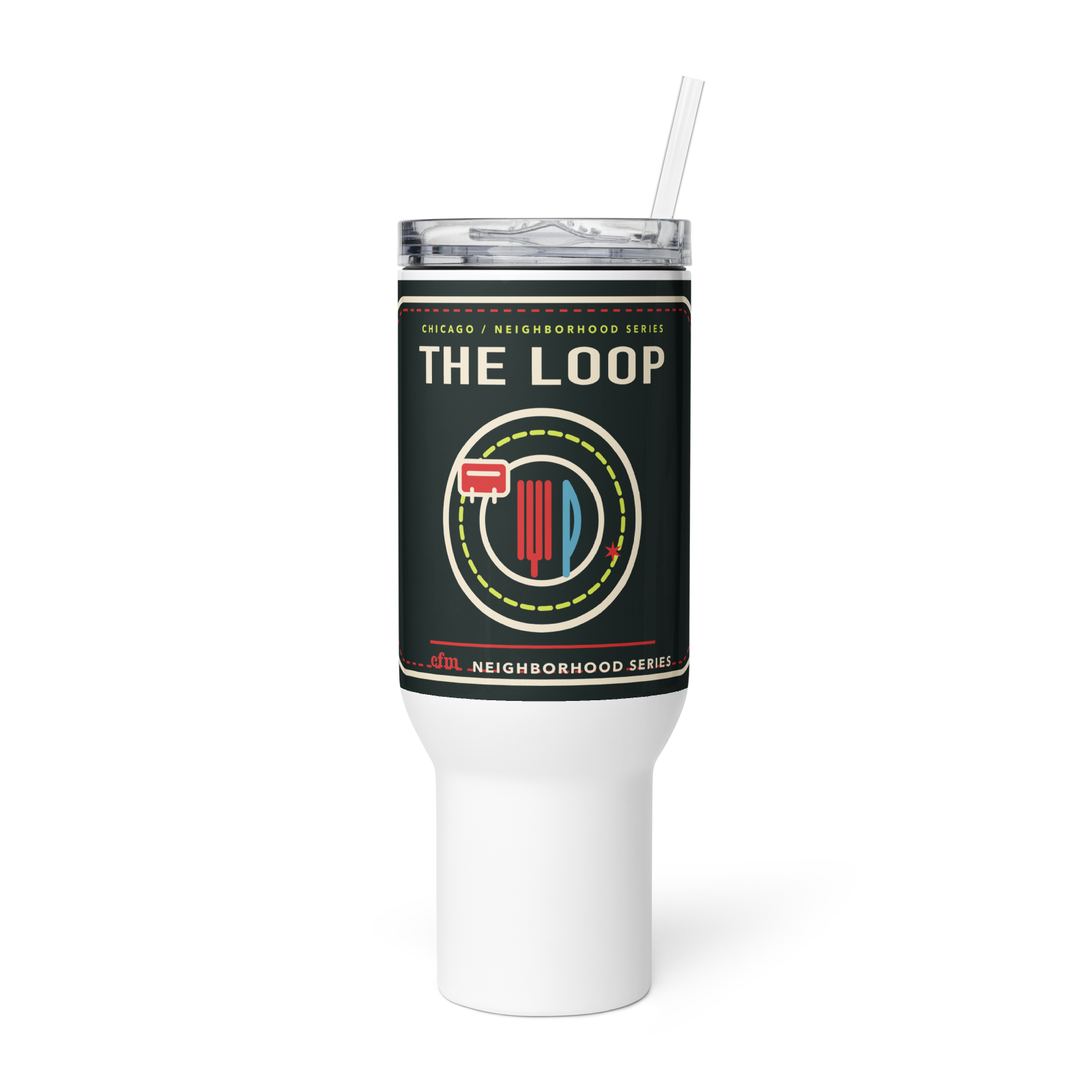 The Loop 40 oz travel mug in White, product view - Chicago Neighborhood Series