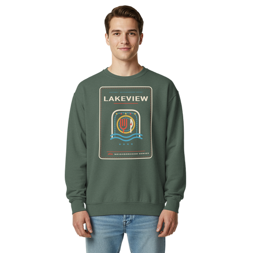 Lakeview garment-dyed crewneck in Blue Spruce, front view - Chicago Neighborhood Series
