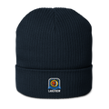 Lakeview organic ribbed beanie in Oxford Navy, front view - Chicago Neighborhood Series