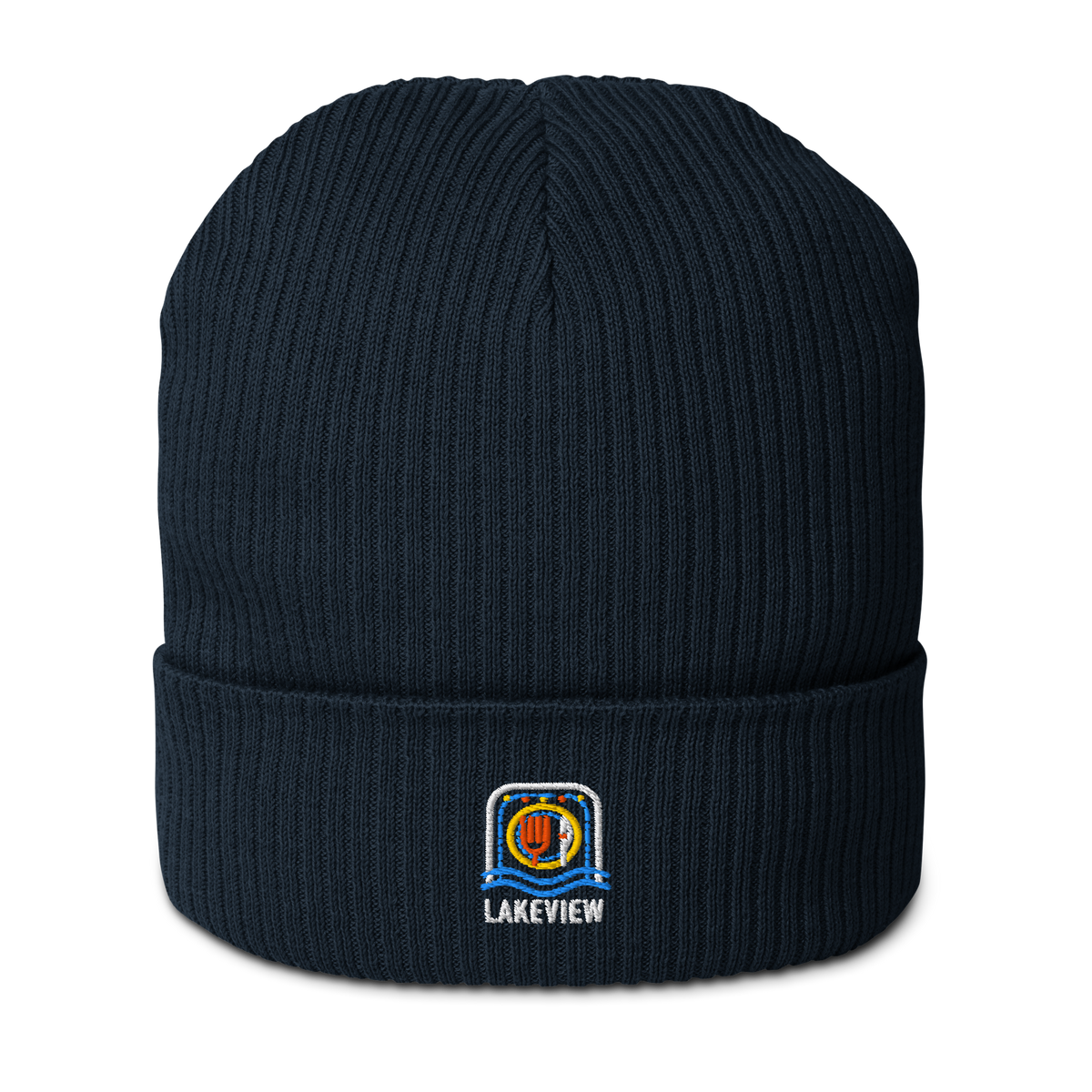 Lakeview organic ribbed beanie in Oxford Navy, front view - Chicago Neighborhood Series