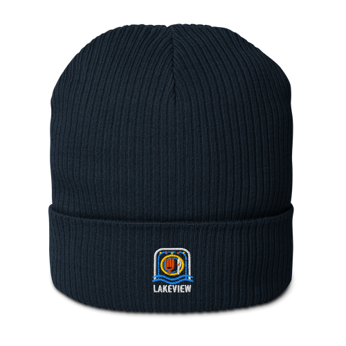 Lakeview organic ribbed beanie in Oxford Navy, front view - Chicago Neighborhood Series