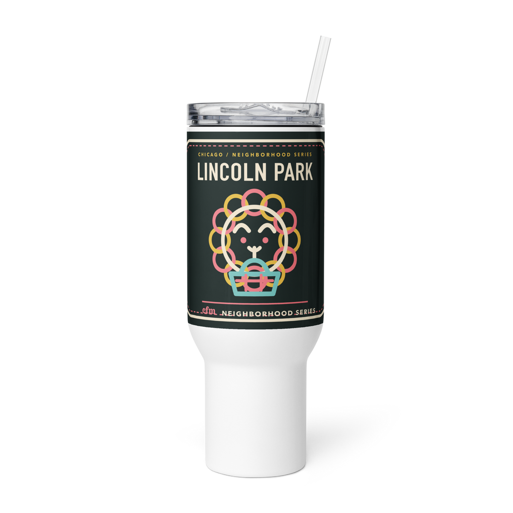 Lincoln Park 40 oz travel mug in White, product view - Chicago Neighborhood Series