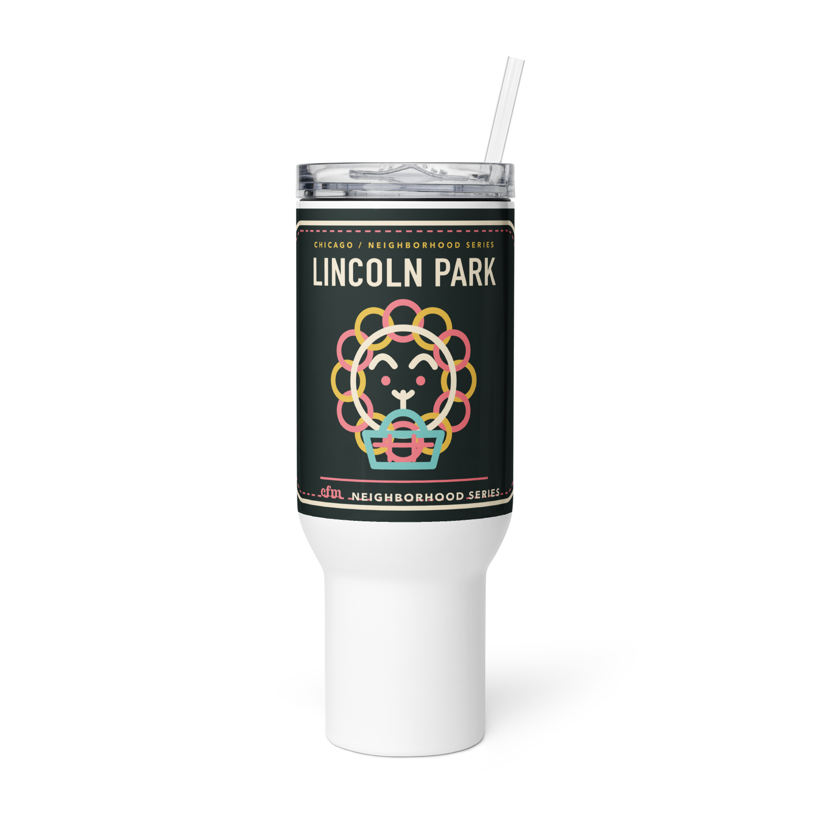 Lincoln Park 40 oz travel mug in White, product view - Chicago Neighborhood Series