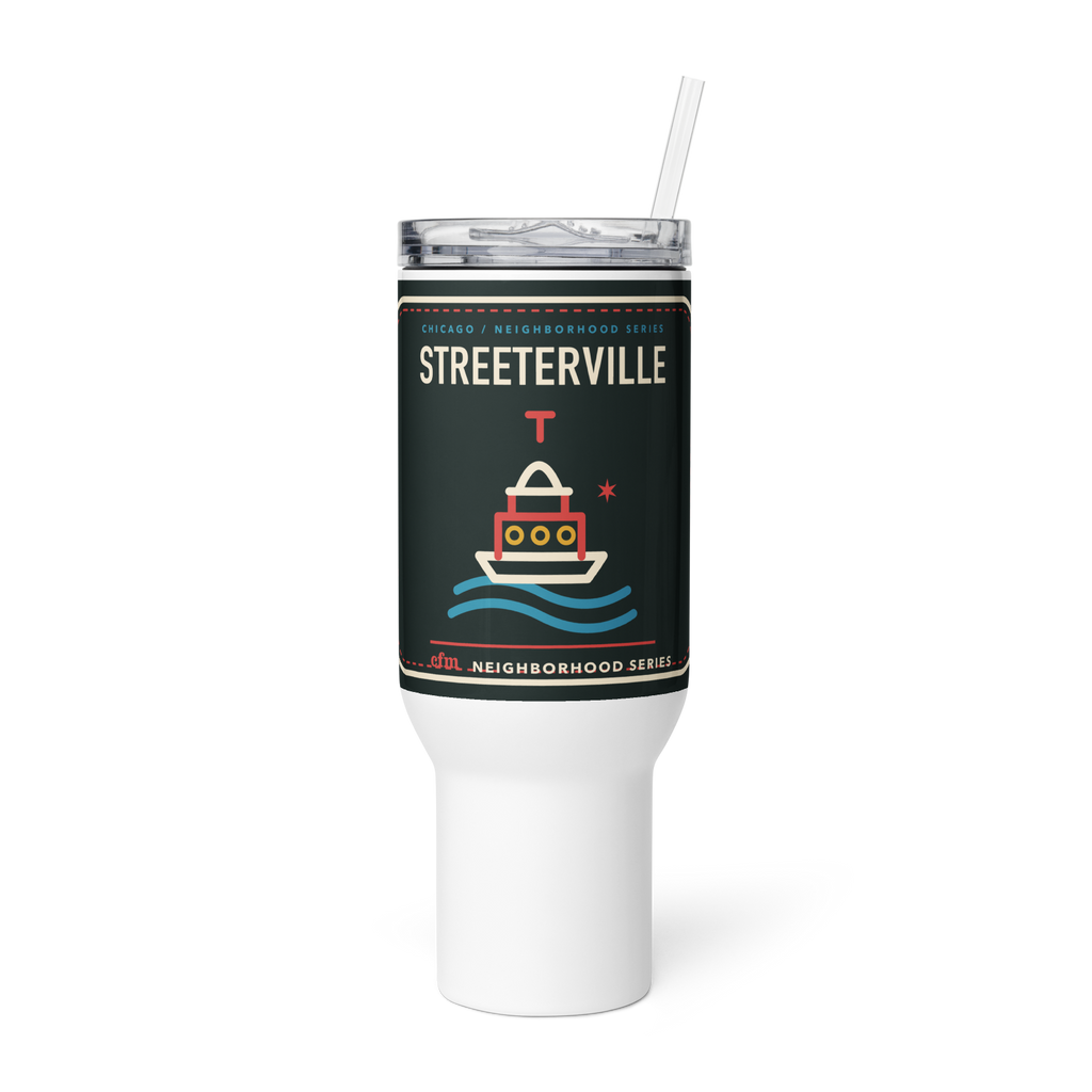 Streeterville 40 oz travel mug in White, product view - Chicago Neighborhood Series