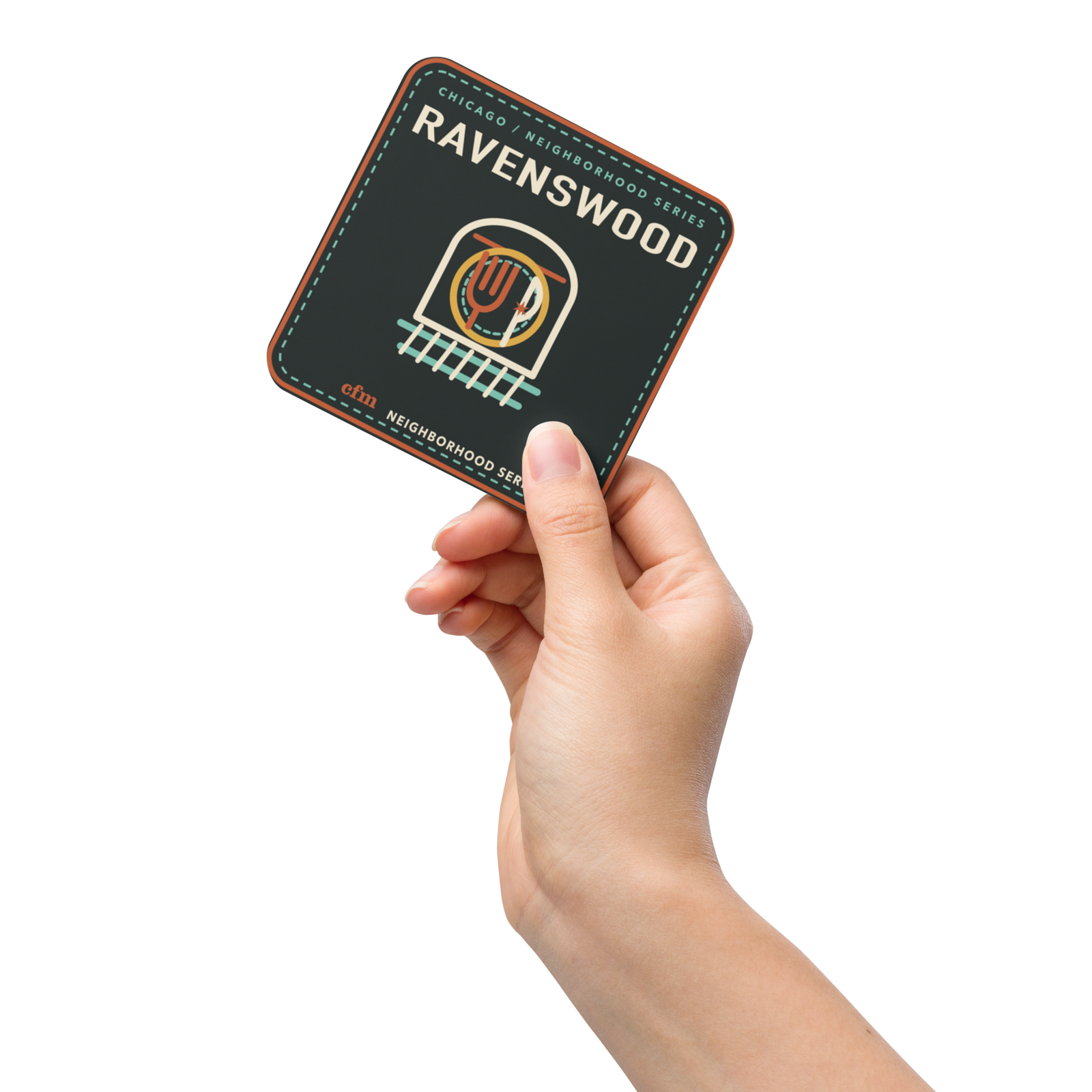 Ravenswood cork-back coaster in Natural Cork, product view - Chicago Neighborhood Series