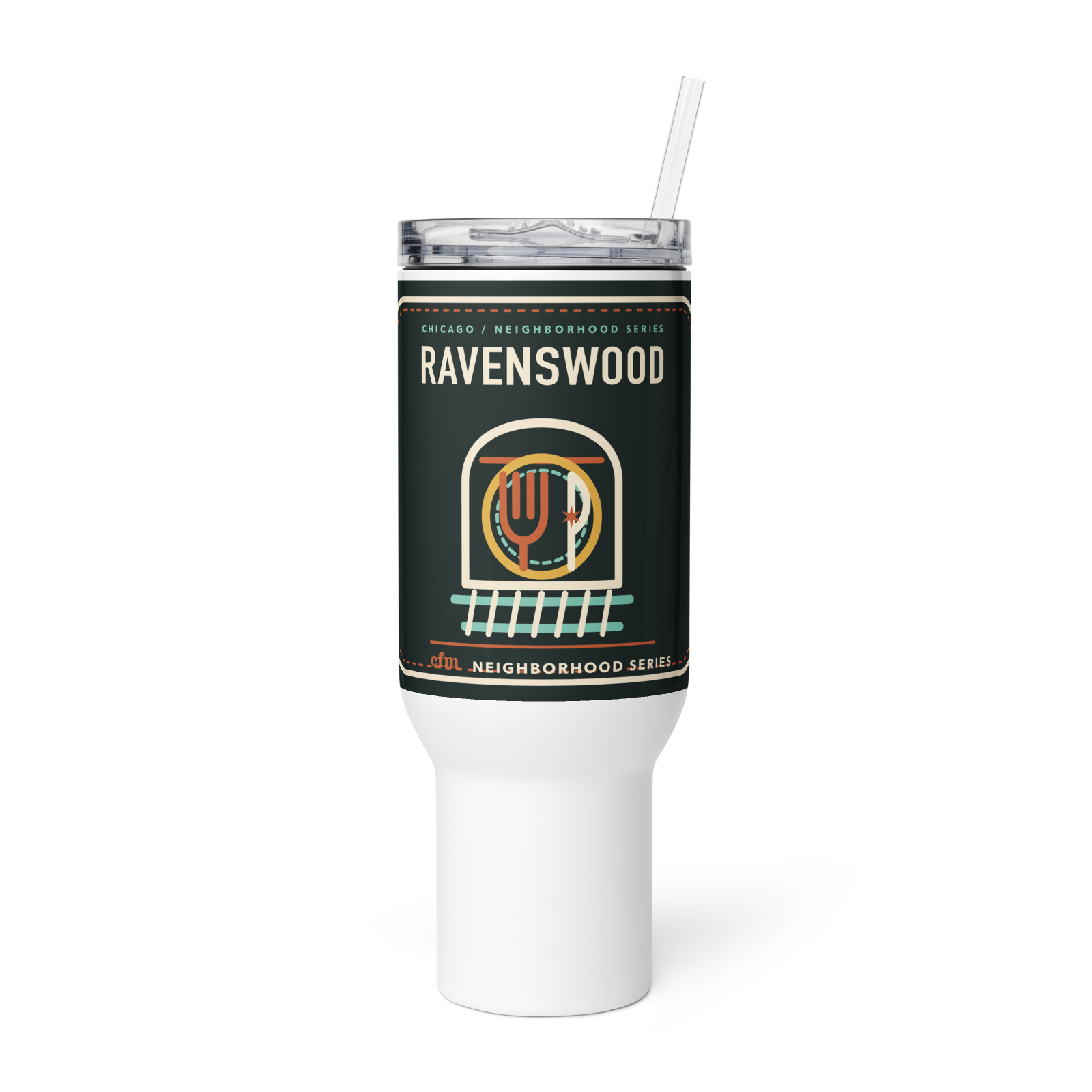Ravenswood 40 oz travel mug in White, product view - Chicago Neighborhood Series