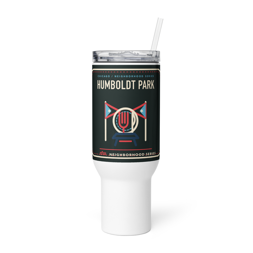 Humboldt Park 40 oz travel mug in White, product view - Chicago Neighborhood Series