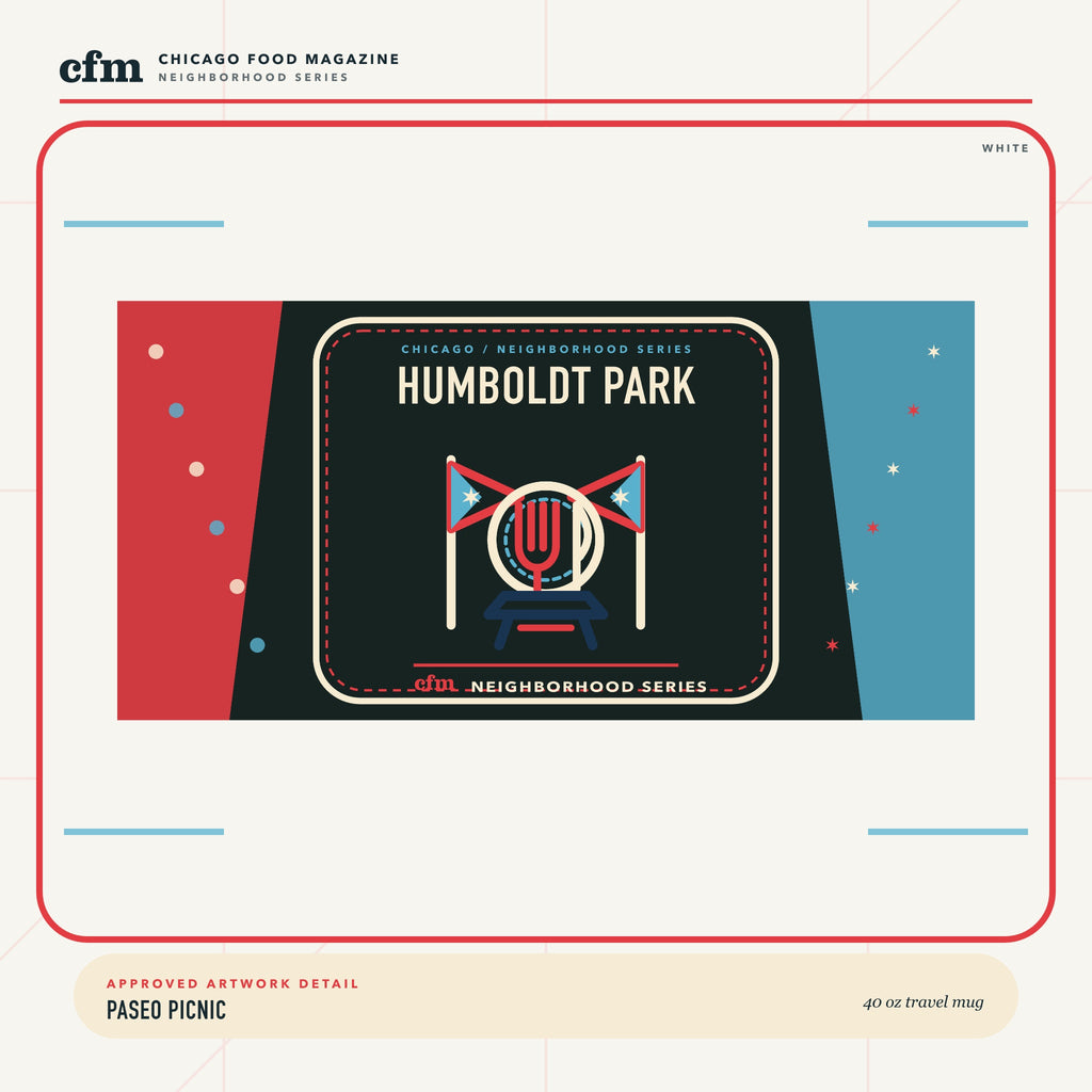 Humboldt Park 40 oz travel mug, close-up of Paseo Picnic artwork