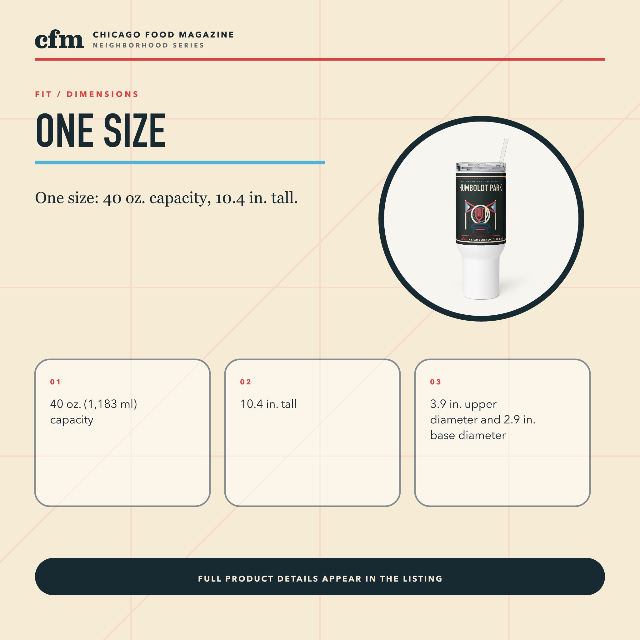 Humboldt Park 40 oz travel mug, size, fit, and dimensions guide