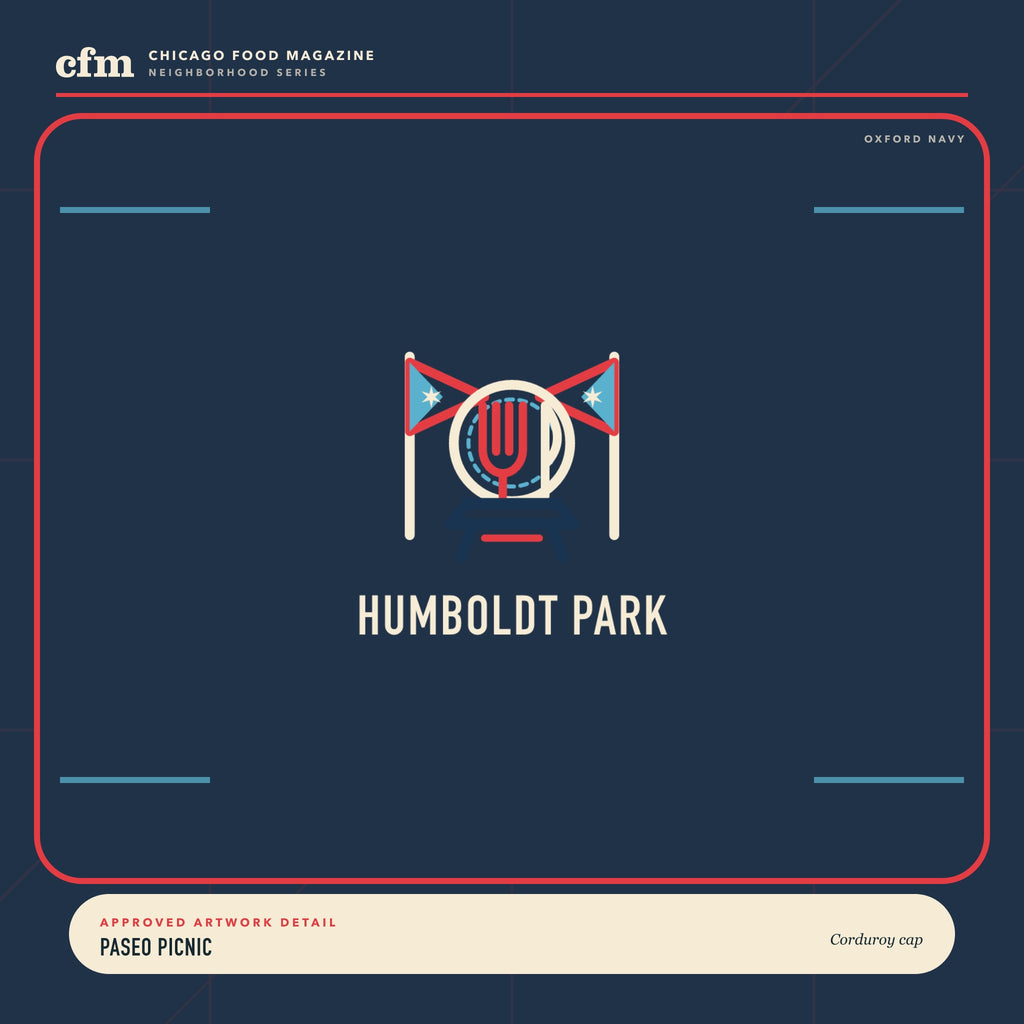 Humboldt Park corduroy cap, close-up of Paseo Picnic artwork