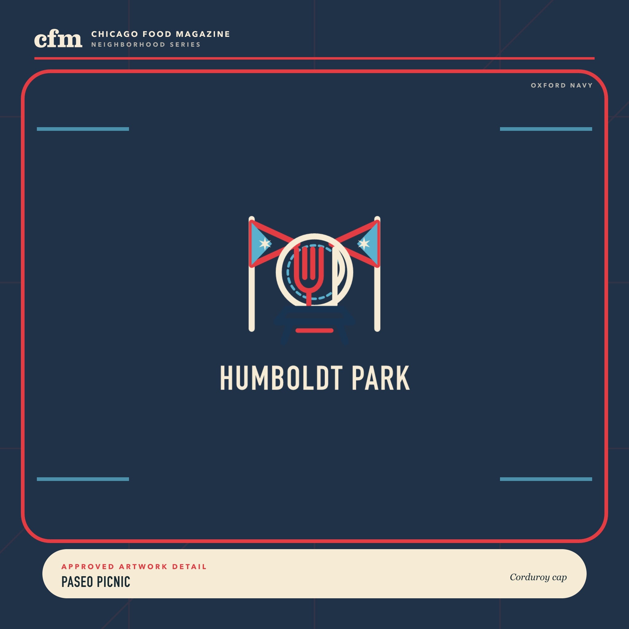 Humboldt Park corduroy cap, close-up of Paseo Picnic artwork