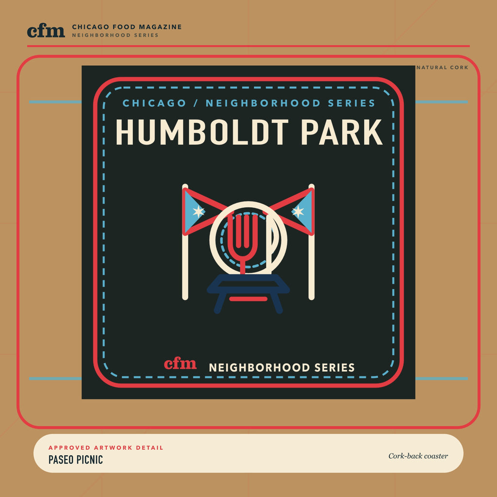 Humboldt Park cork-back coaster, close-up of Paseo Picnic artwork
