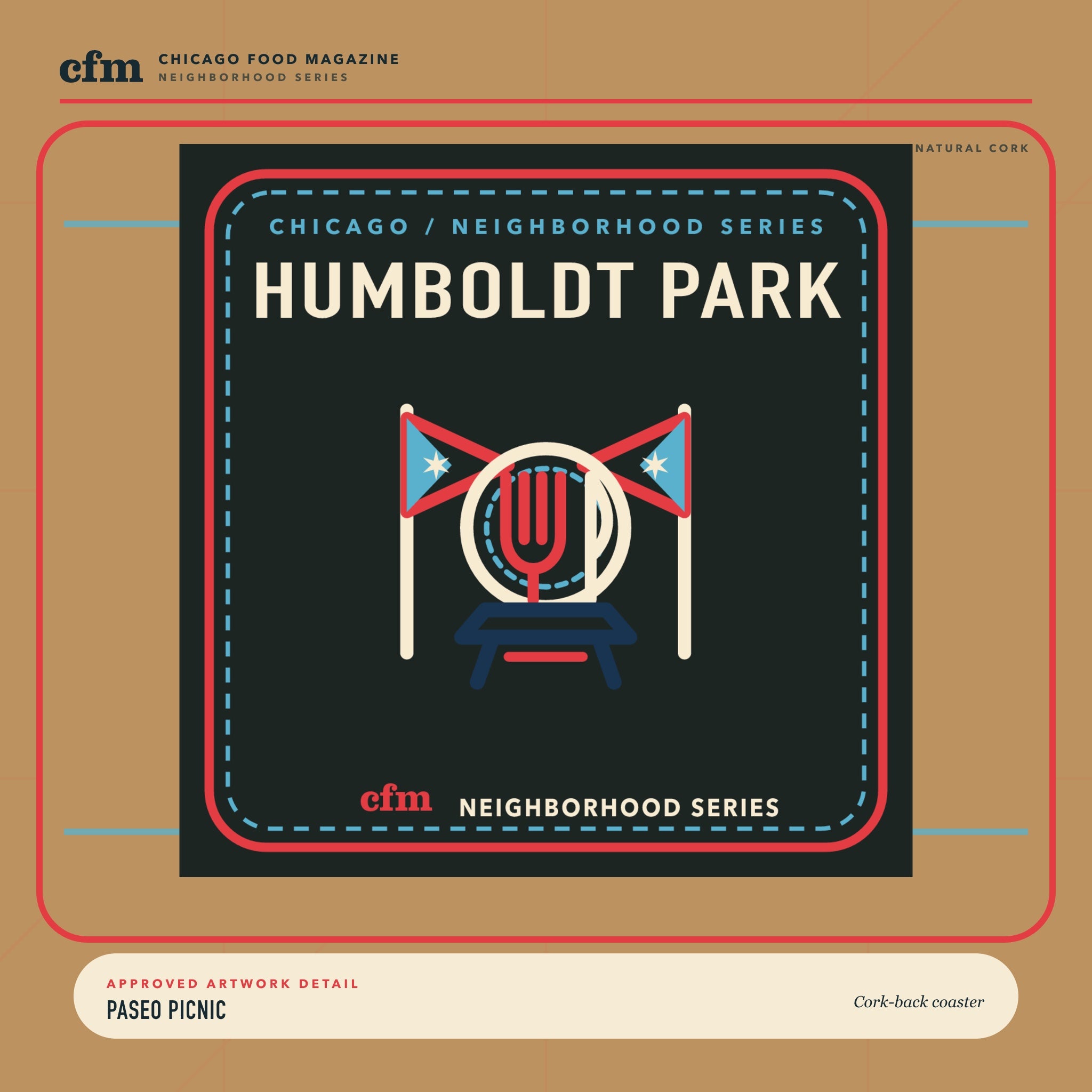 Humboldt Park cork-back coaster, close-up of Paseo Picnic artwork