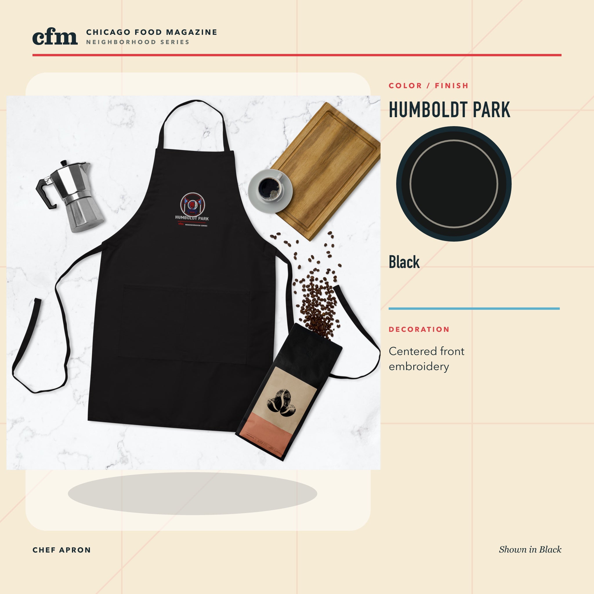 Humboldt Park chef apron, Black color and finish