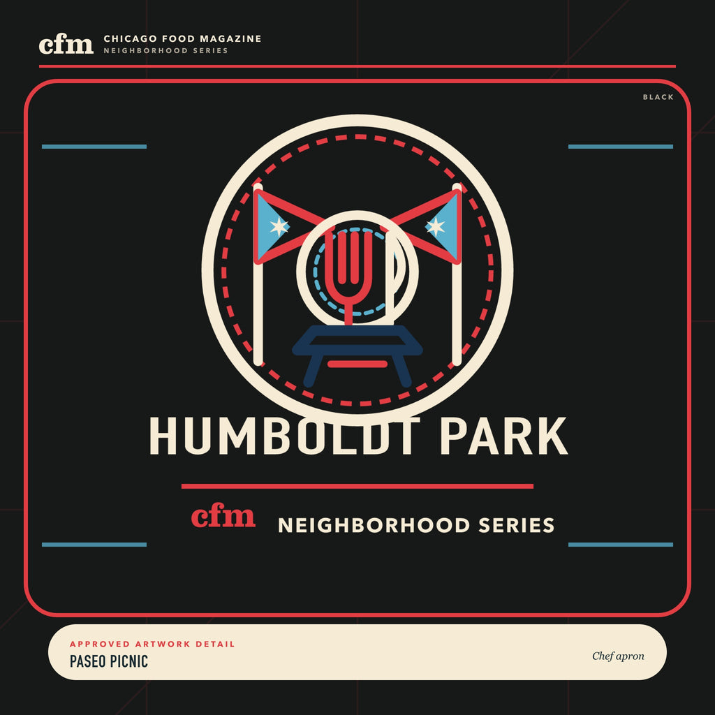 Humboldt Park chef apron, close-up of Paseo Picnic artwork