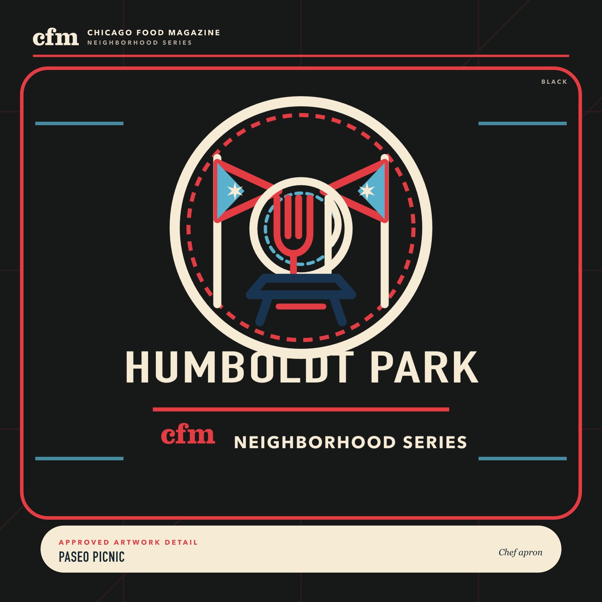 Humboldt Park chef apron, close-up of Paseo Picnic artwork