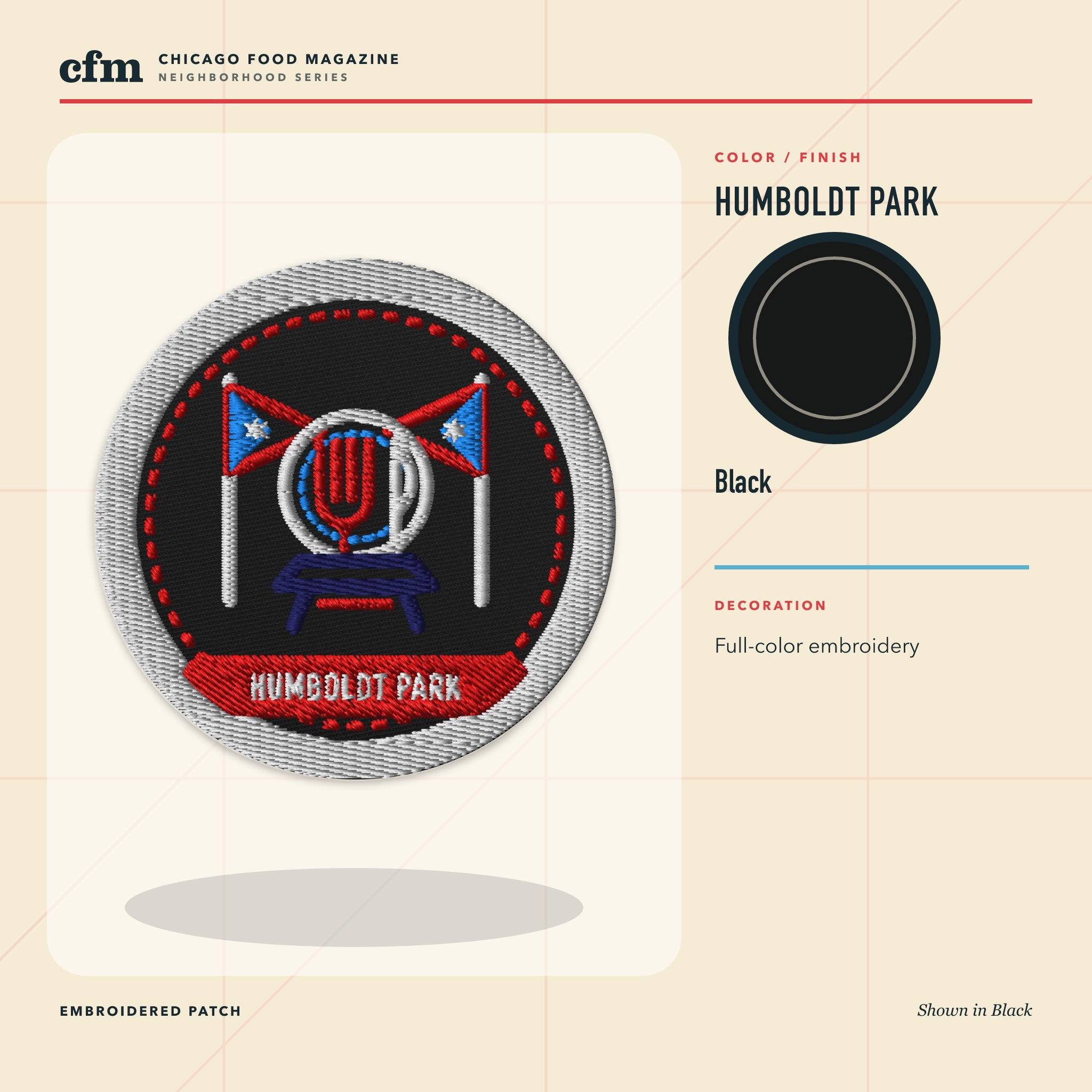 Humboldt Park embroidered patch, Black color and finish