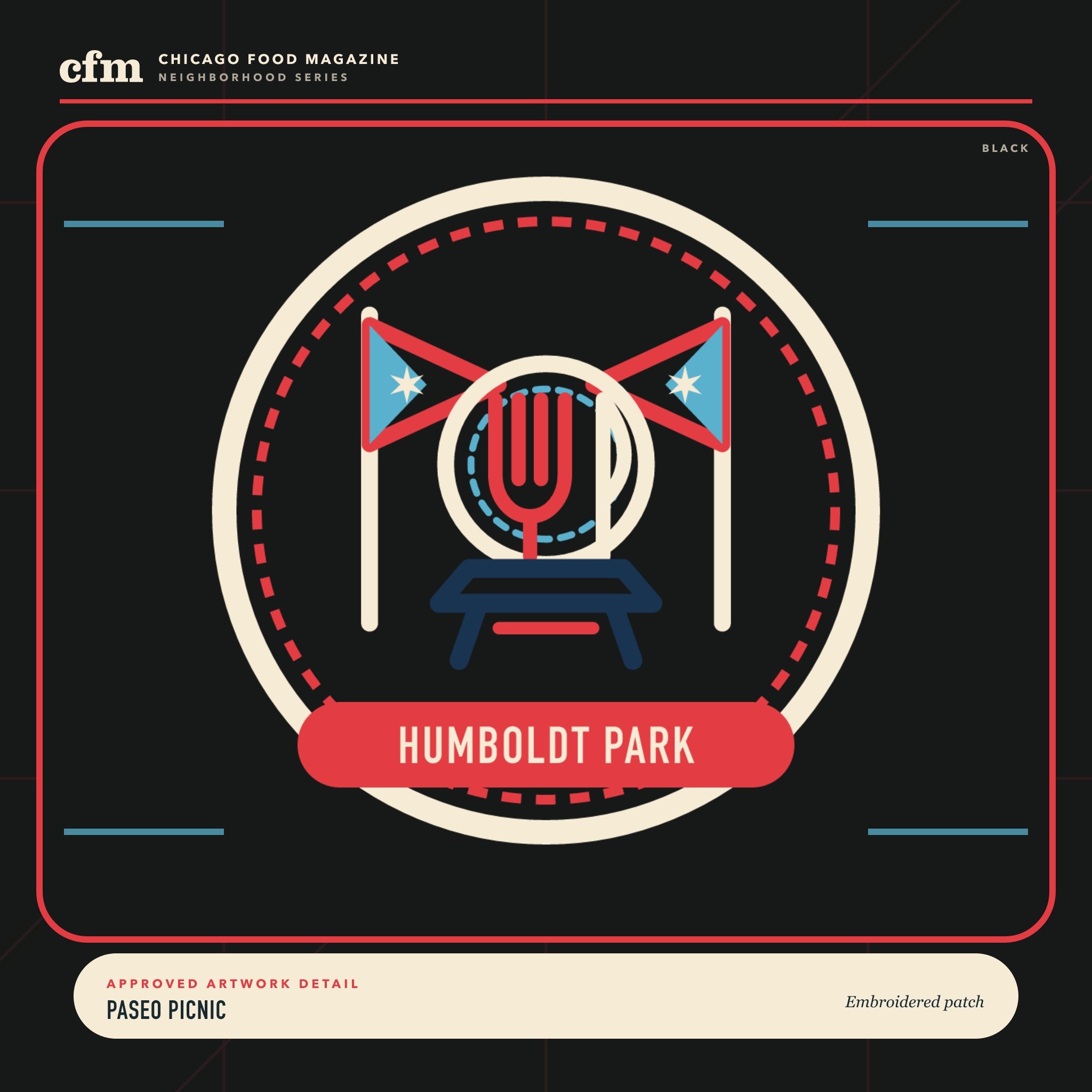 Humboldt Park embroidered patch, close-up of Paseo Picnic artwork