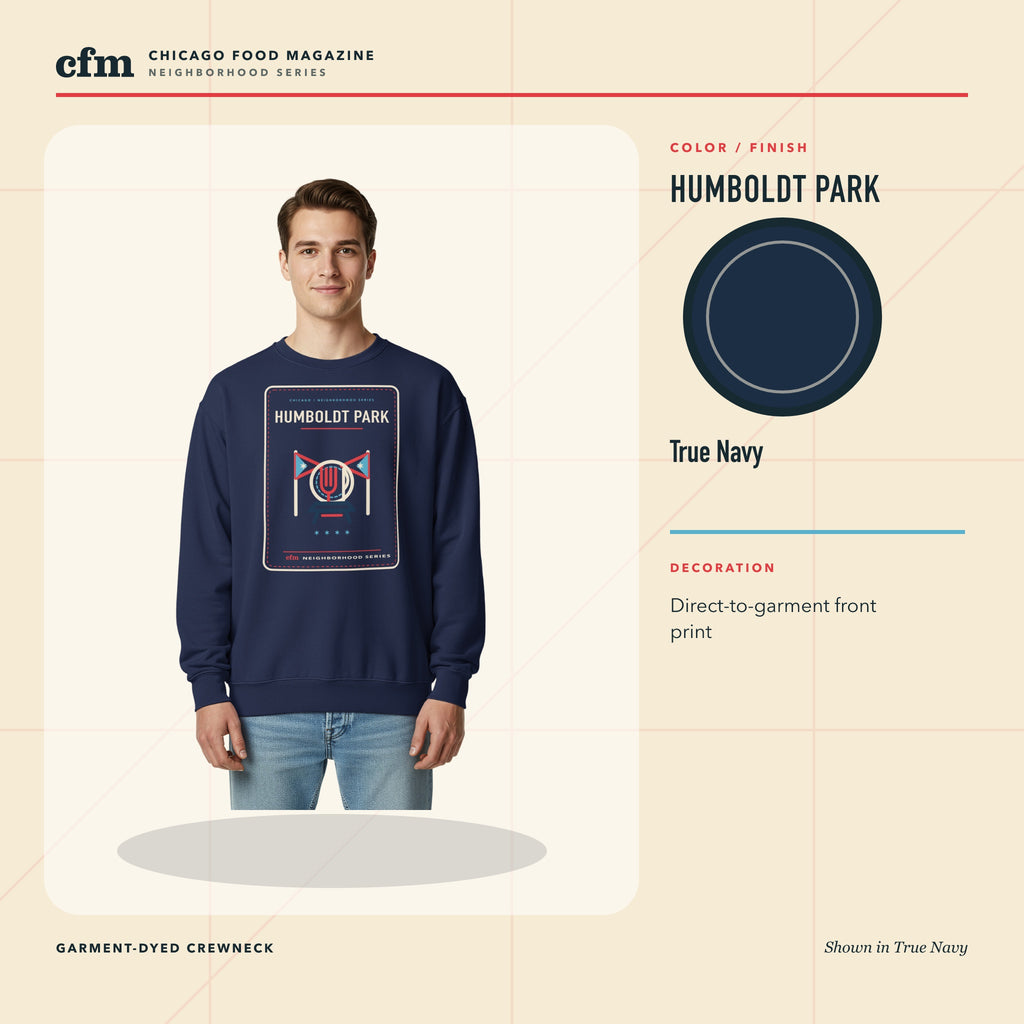 Humboldt Park garment-dyed crewneck, True Navy color and finish