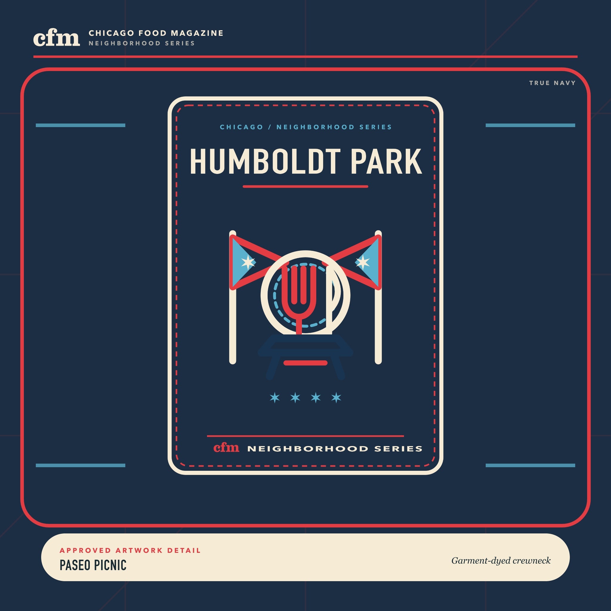 Humboldt Park garment-dyed crewneck, close-up of Paseo Picnic artwork