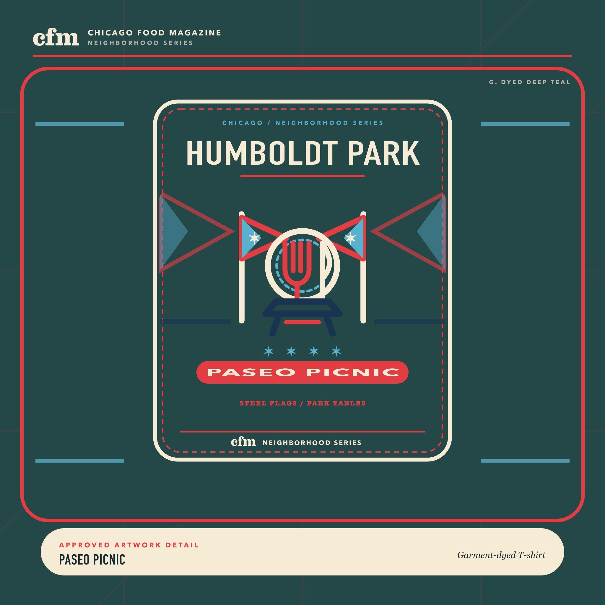Humboldt Park garment-dyed t-shirt, close-up of Paseo Picnic artwork