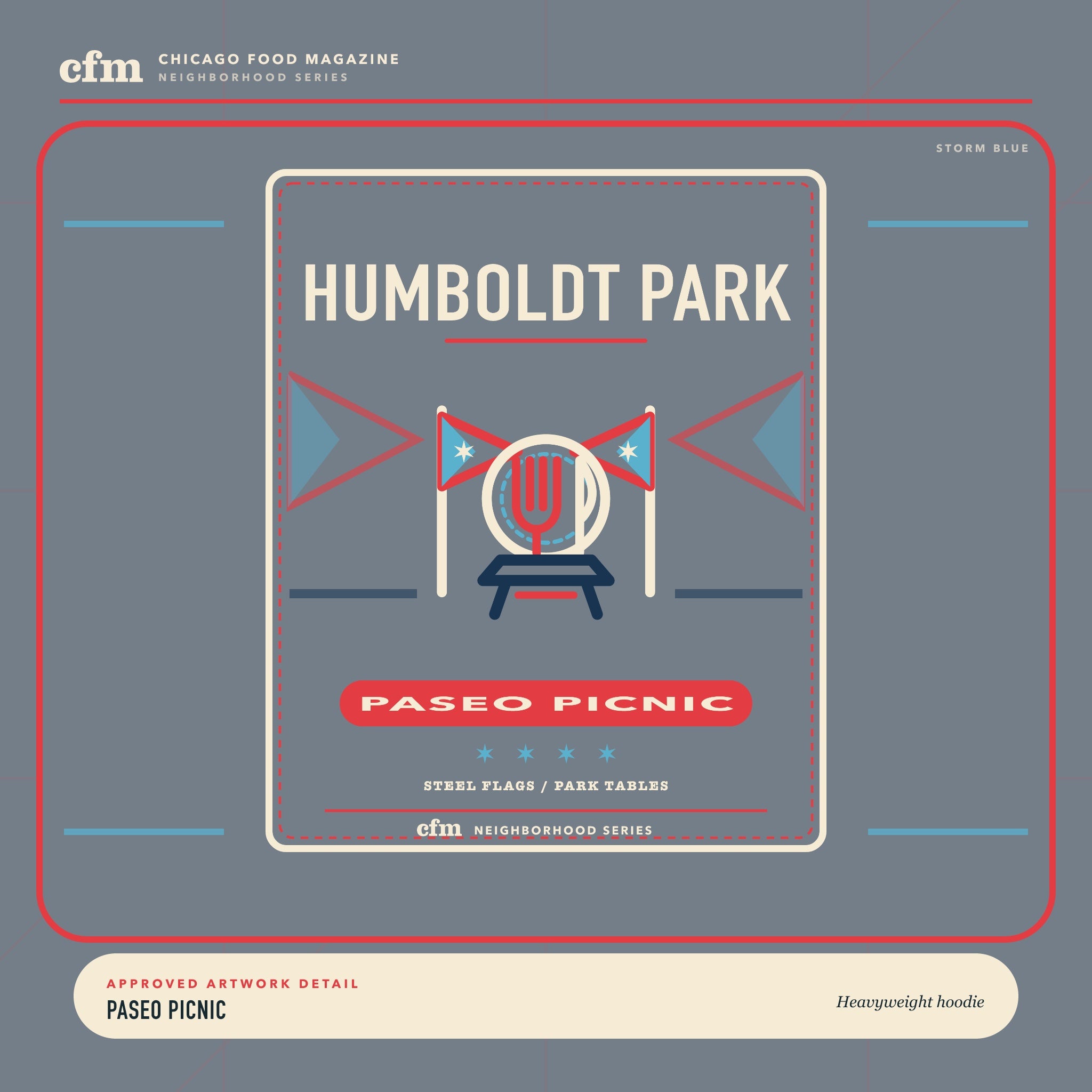 Humboldt Park heavyweight hoodie, close-up of Paseo Picnic artwork