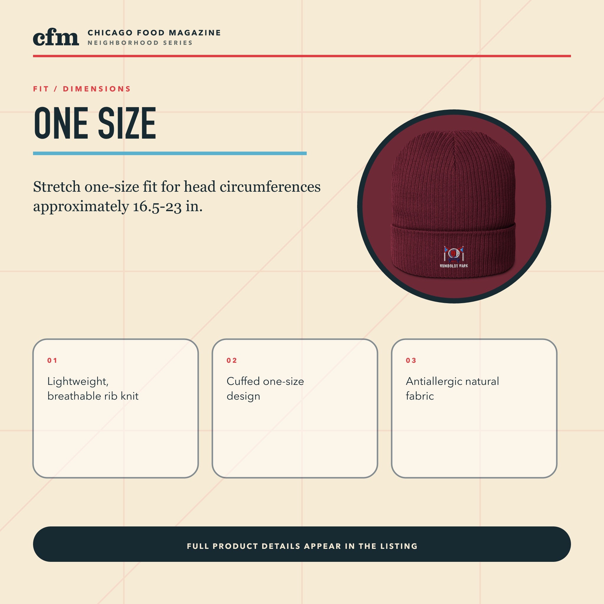 Humboldt Park organic ribbed beanie, size, fit, and dimensions guide