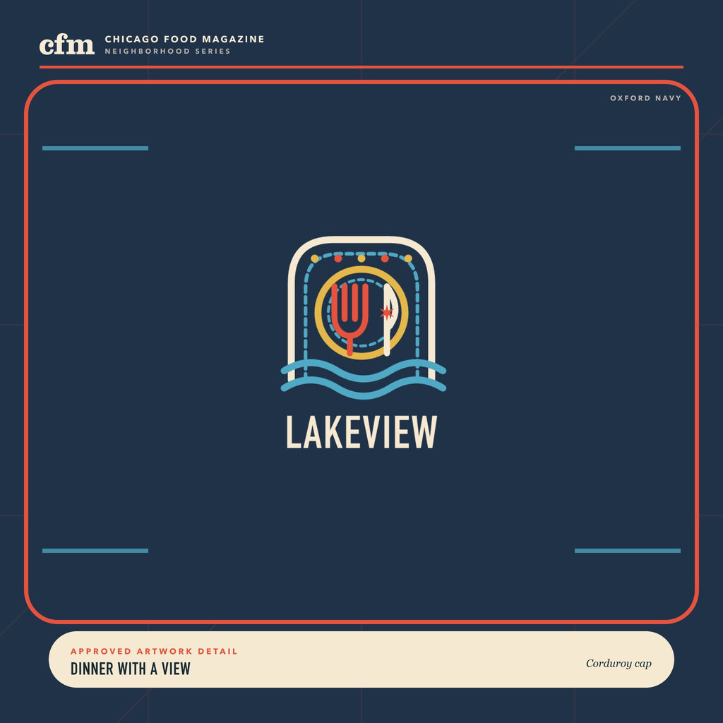 Lakeview corduroy cap, close-up of Dinner With a View artwork
