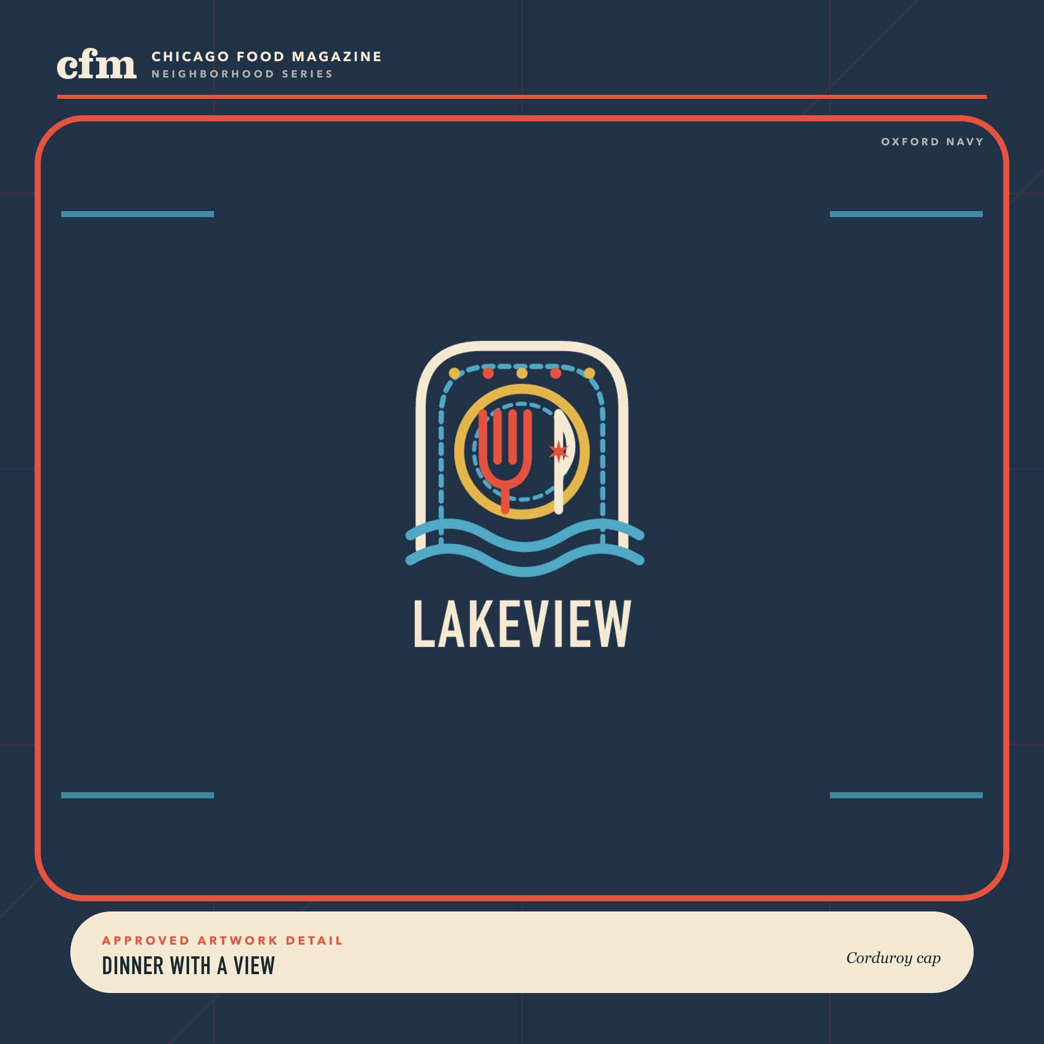 Lakeview corduroy cap, close-up of Dinner With a View artwork