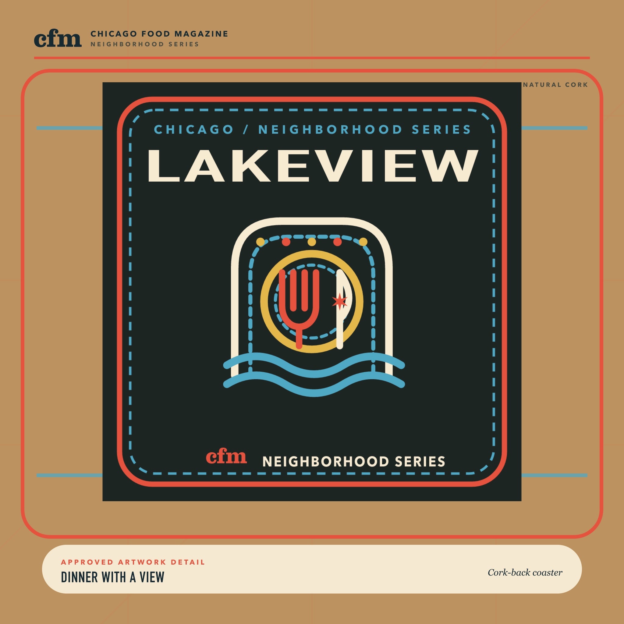 Lakeview cork-back coaster, close-up of Dinner With a View artwork