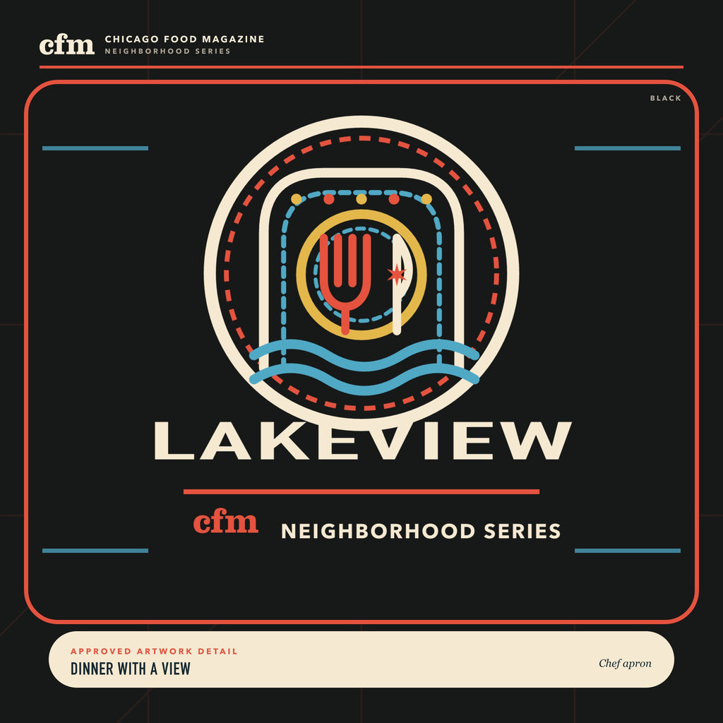 Lakeview chef apron, close-up of Dinner With a View artwork