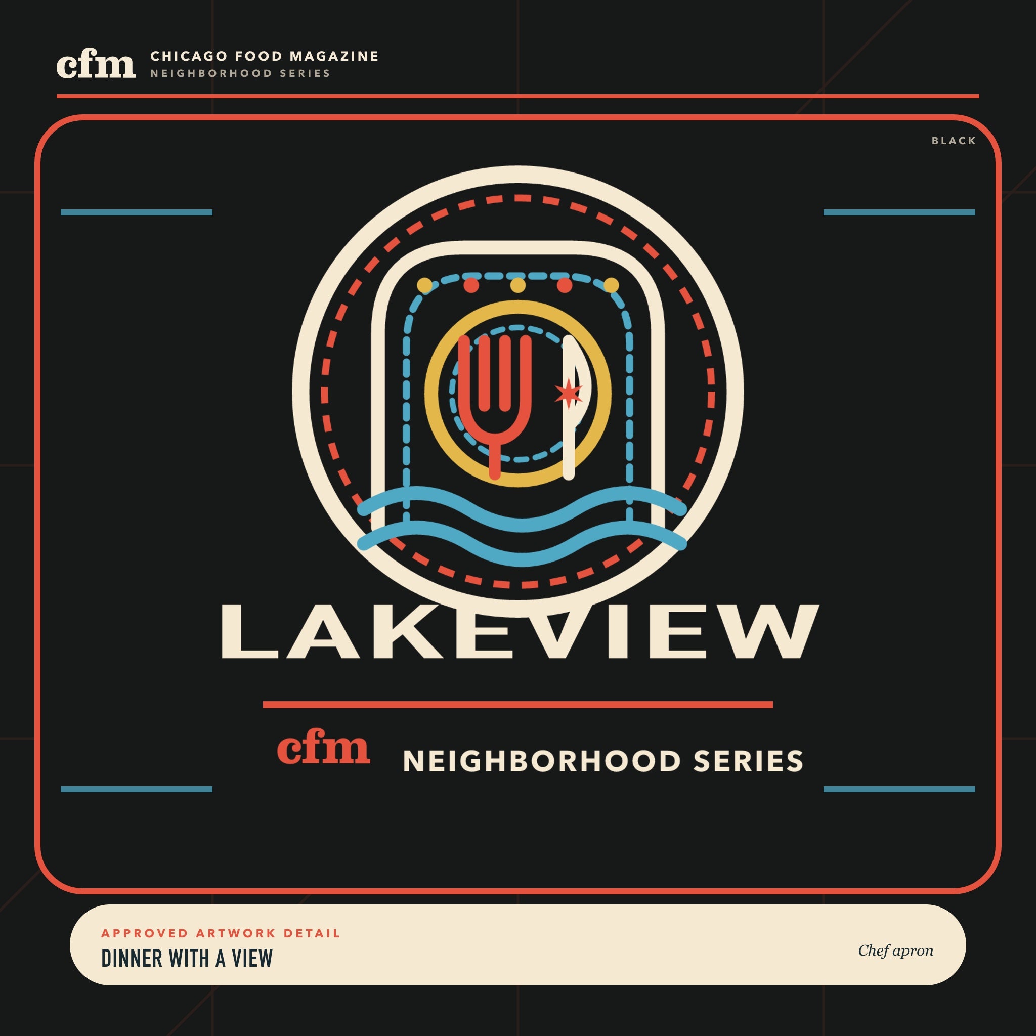 Lakeview chef apron, close-up of Dinner With a View artwork