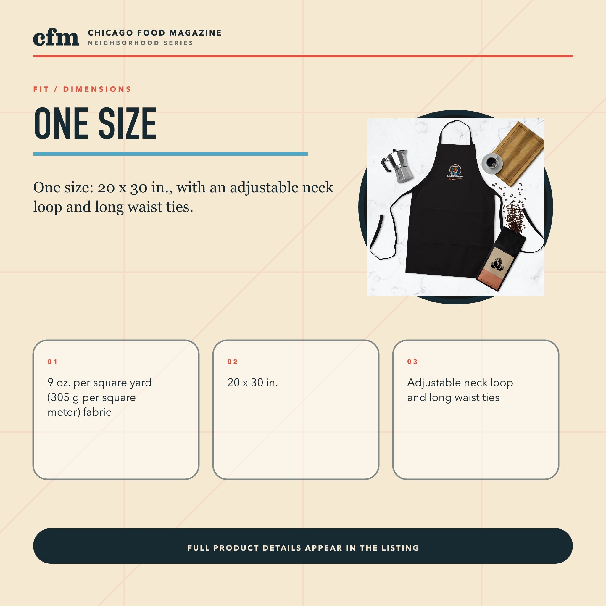 Lakeview chef apron, size, fit, and dimensions guide