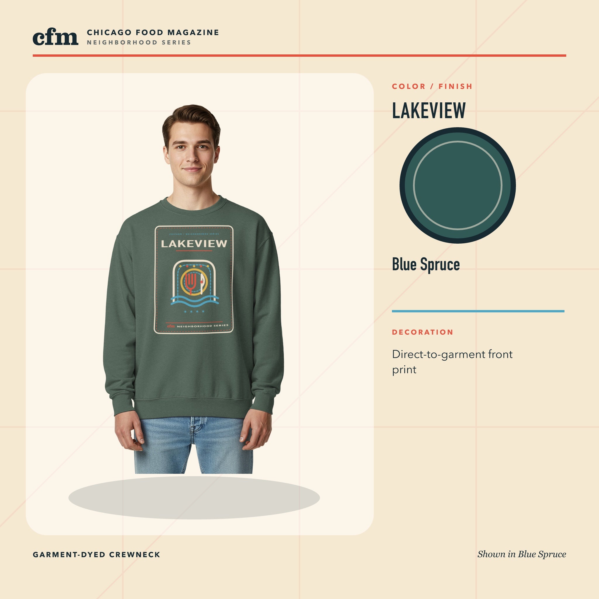 Lakeview garment-dyed crewneck, Blue Spruce color and finish