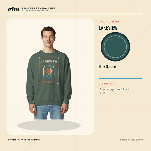 Lakeview garment-dyed crewneck, Blue Spruce color and finish